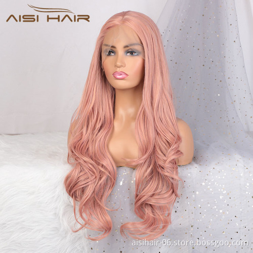 Aisi Hair Popular 26 Inch Long Wavy Pink Wig Swiss Lace Front Wig Cosplay Body Wave Lace Frontal Hair Wigs For White Black Women